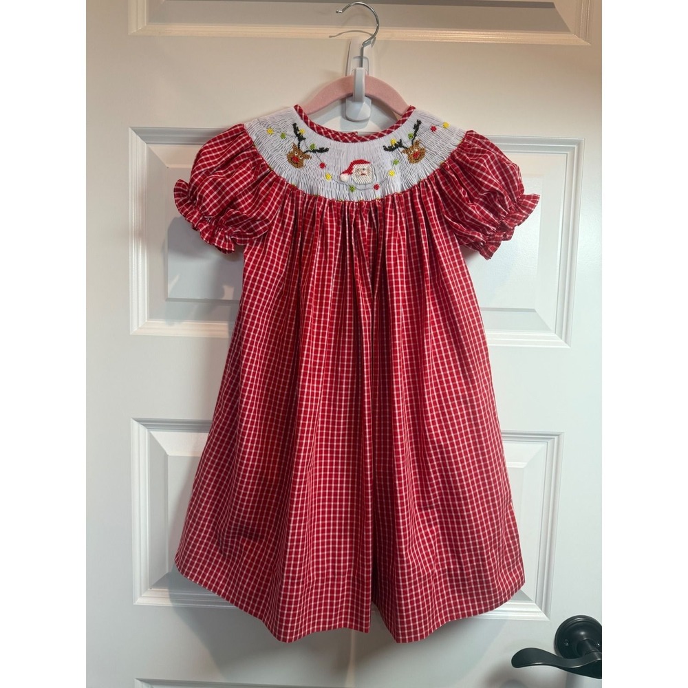 Little Threads Kids 3T Red Gingham Smocked Christmas Santa Reindeer Dress